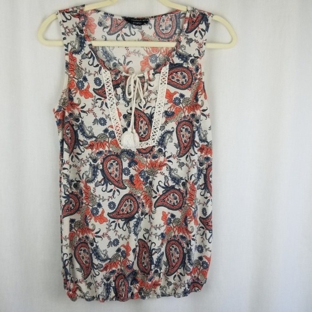 CORVIA tank paisley tassel tie boho eslastic hem S